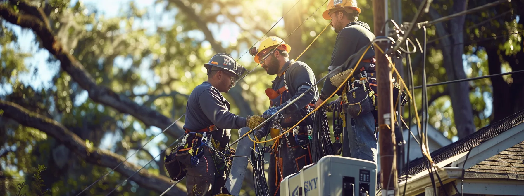 a team of electricians from sj electric working together on a complex electrical repair job in a residential neighborhood.