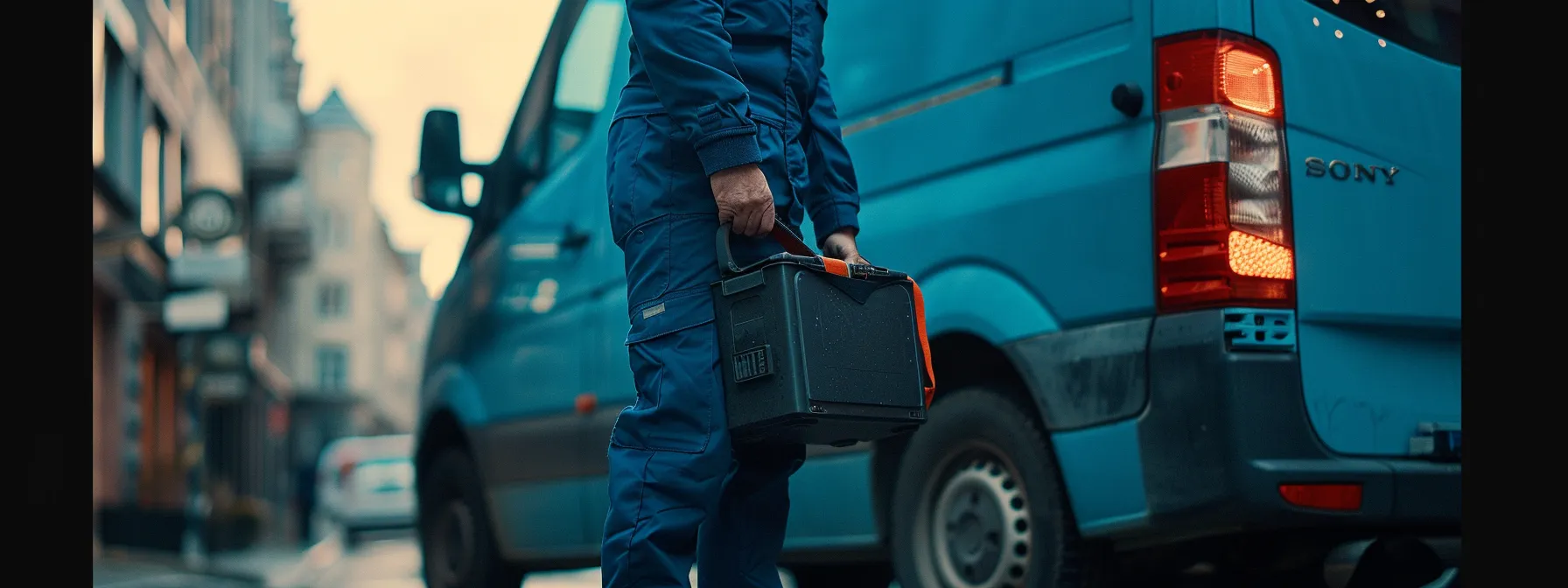 a person in a blue uniform holding a toolbox standing next to a van with the company logo on the side.