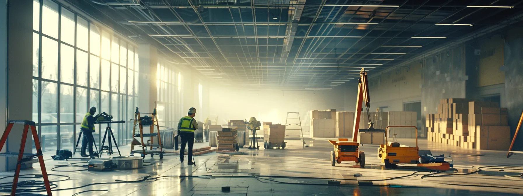 a group of electricians working together to install advanced electrical upgrades in a spacious commercial building.