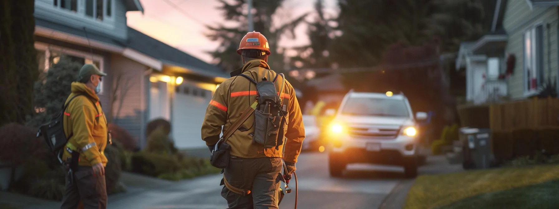 a group of electricians working together in a residential area, focusing on safety and efficiency.