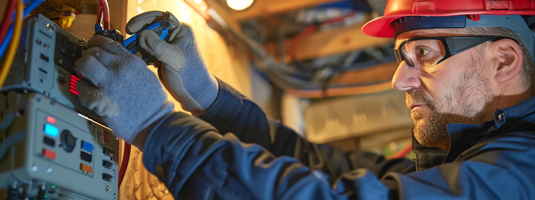 a skilled electrician from sj electric expertly installing a surge protector with precision and focus.