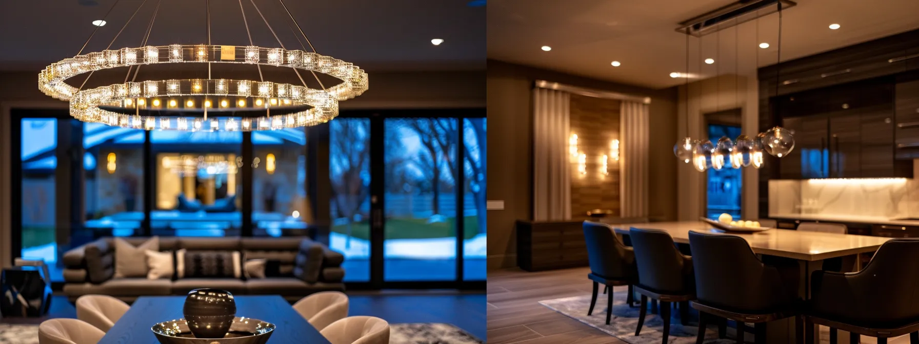 a bright, modern chandelier illuminates a stylish room, showcasing sj electric's comprehensive lighting solutions in overland park.